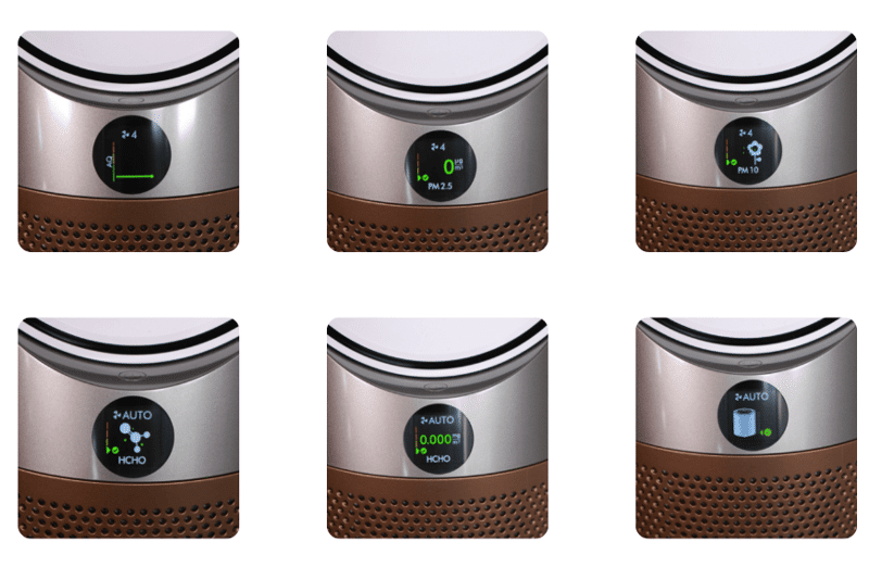 Auf dem Display des Dyson Purifier Cool Formaldehyde Luftreinigers werden unterschiedliche Messwerte und Informationen zur Luftqualität angezeigt.